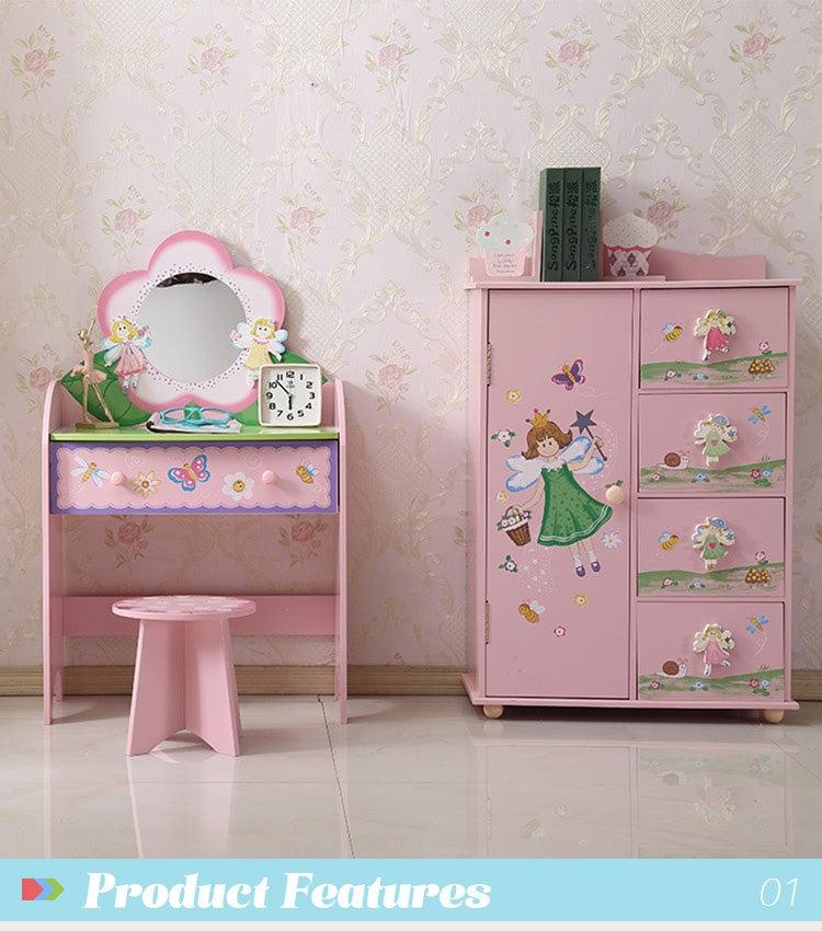 Pink Kids Playroom Dressing Toy Table Girls Pretend Makeup Princess Bed Birthday Party Gift Wood Material