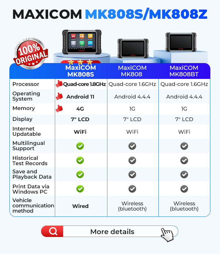 Original autel Maxicom Mk808s Mk808 808 Same Mp808 Mx808 Obd2 Car Diagnostic Tool Diagnosis Machine for All Cars Scanner