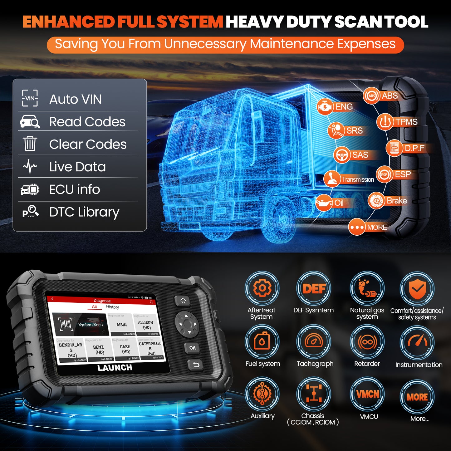 Launch CRP129 HD Heavy Duty Truck Scanner Full System Diesel Scan Tool With 7 Resets Professional for 24V Commercial Vehicles