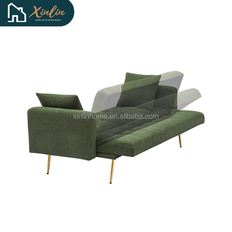 Green Teddy Velvet Futon Sofa Bed 71.7 Inch Free Shipping for Living Room & Bedroom with Two Throw Pillows Included