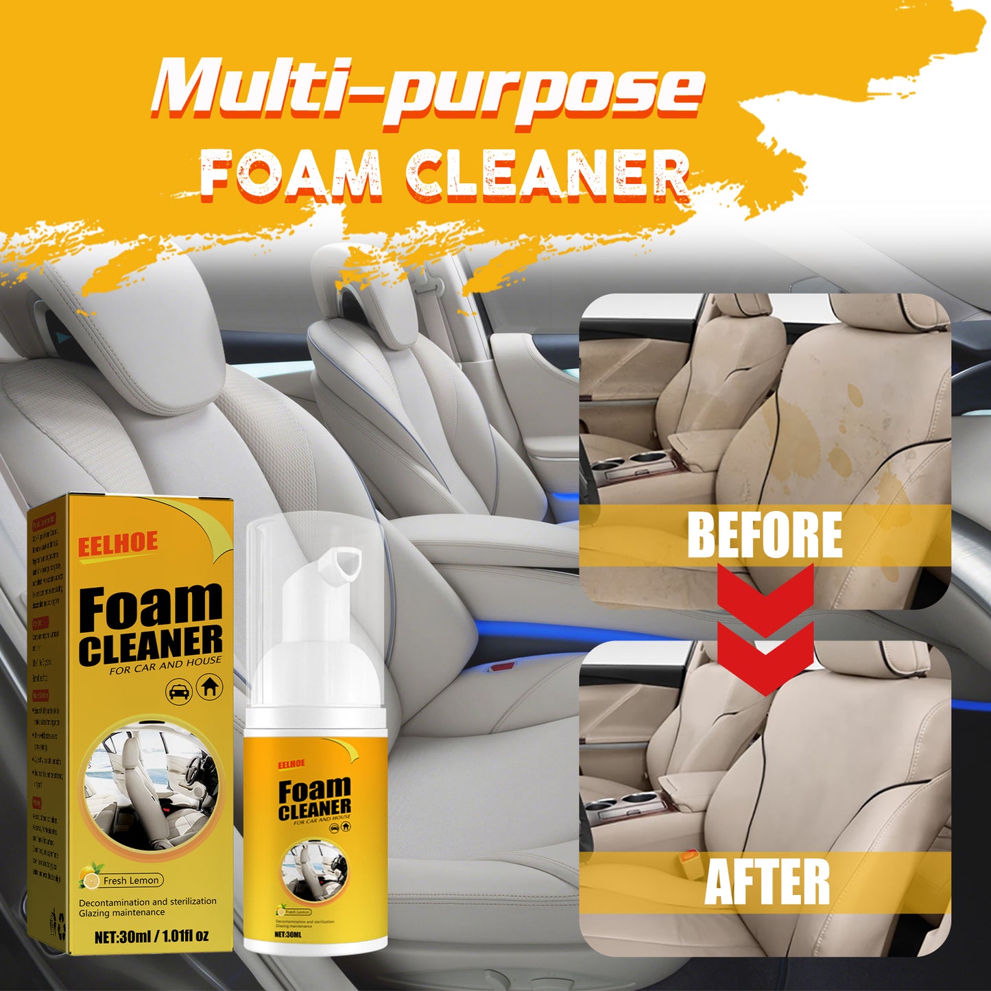 EELHOE Car Steering Wheel Foam Cleaner Genuine Leather Seat Cleaner Multi-Functional Interior Cleaning Agent