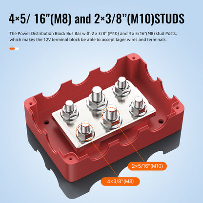 Heavy Duty Battery Bus Bar Terminal Block 500A Distribution 2X 3/8" (M10) 4X 5/16" (M8) Post Busbar Connector