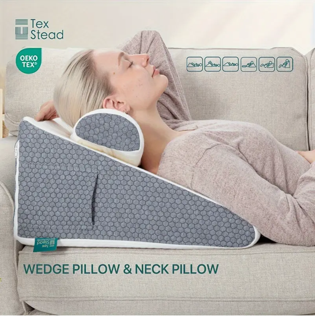 TEXSTEAD 2pcs Memory Foam Bed Wedge Pillow/Neck Pillow for Back, Leg, and Knee - Triangle Pillow with Removable Cover