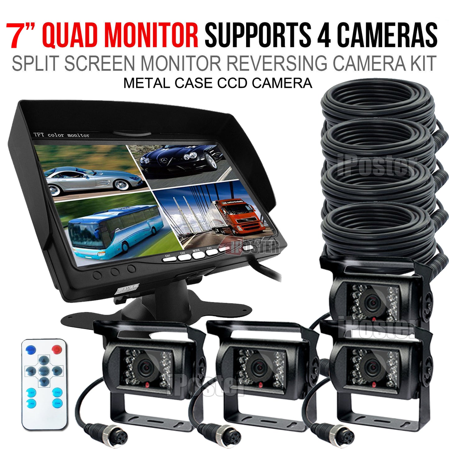 IPoster 7" Quad Split Car Reverse Monitor + 4* 18 Infrared LED Night Vision Car Backup Camera Kit