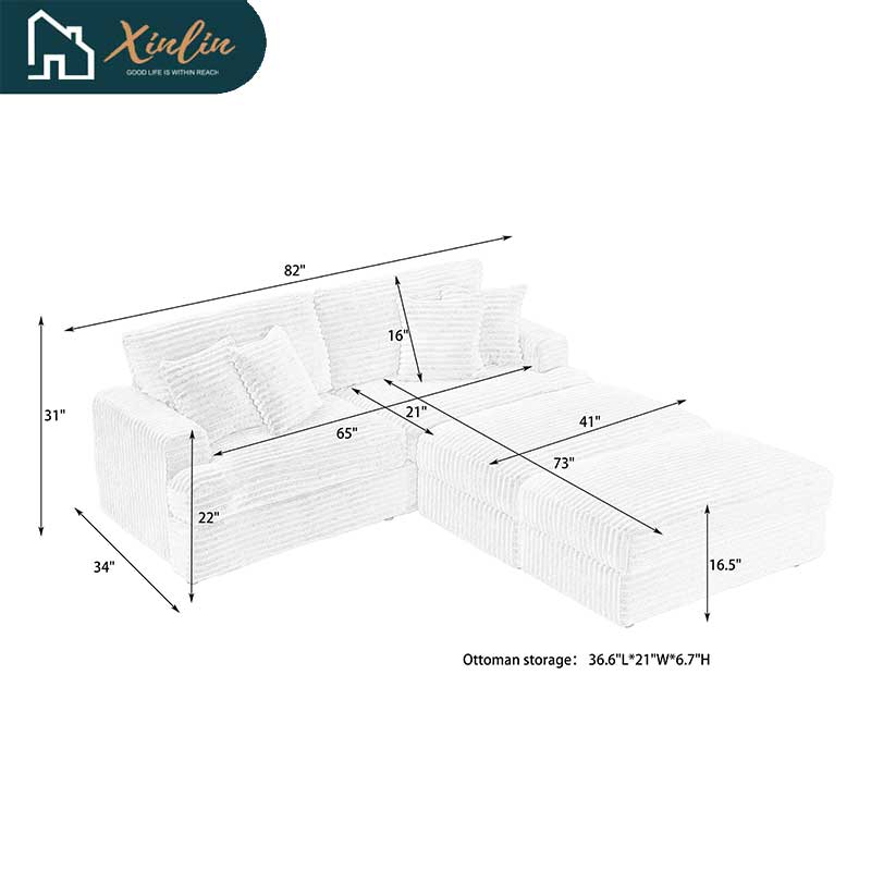 US Luxury Modern Oversized Double Chaise Loveseat Couch Fluffy Corduroy Fabric Free Shipping Home Furniture Living Room Bedroom