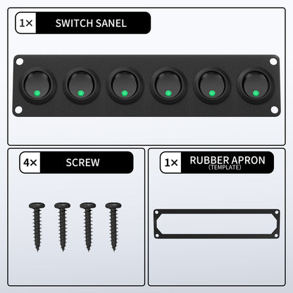 Black Aluminum 6 Gang Marine Switch Panel Waterproof 20A 3Pin on OFF Light Switch Plate Round Rocker Switch Illuminated Green