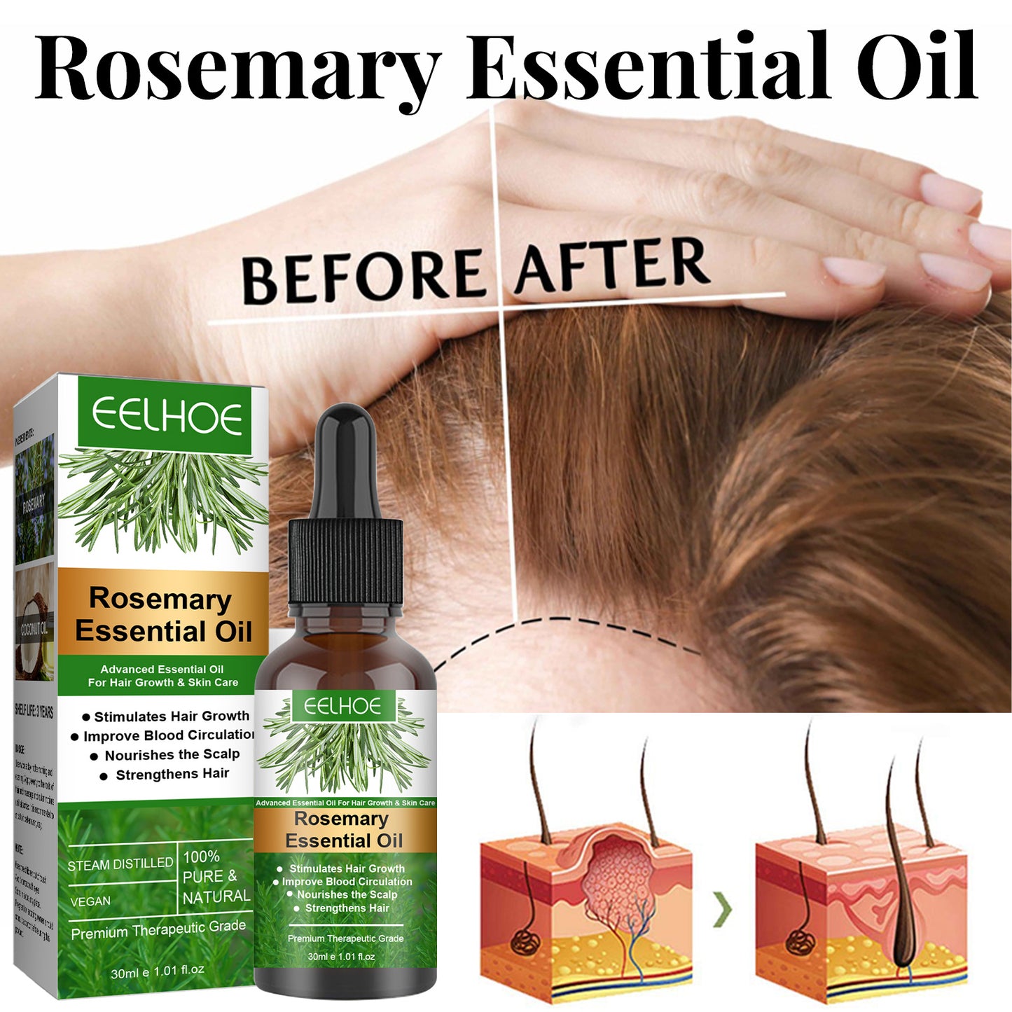 EELHOE Rosemary Hair Care Essential Oil Gentle Scalp Care Smooth Gloss Natural & Fluffy Hair Care Essential Oil