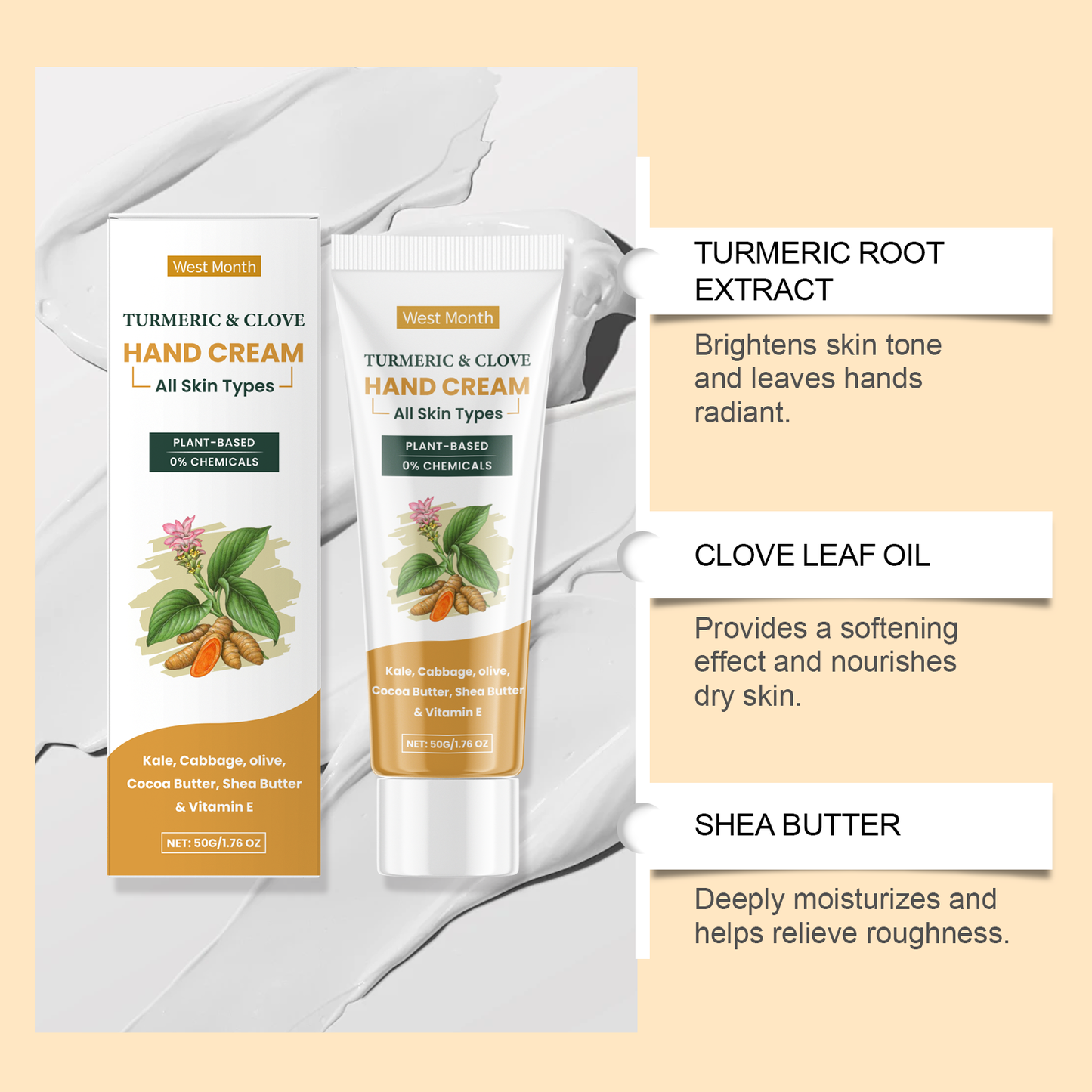 West&Month Turmeric Clove Oil Hand Cream Gentle Moisturizing Hydrating Hand Cream for Dry Hands Winter Hand Care Cream