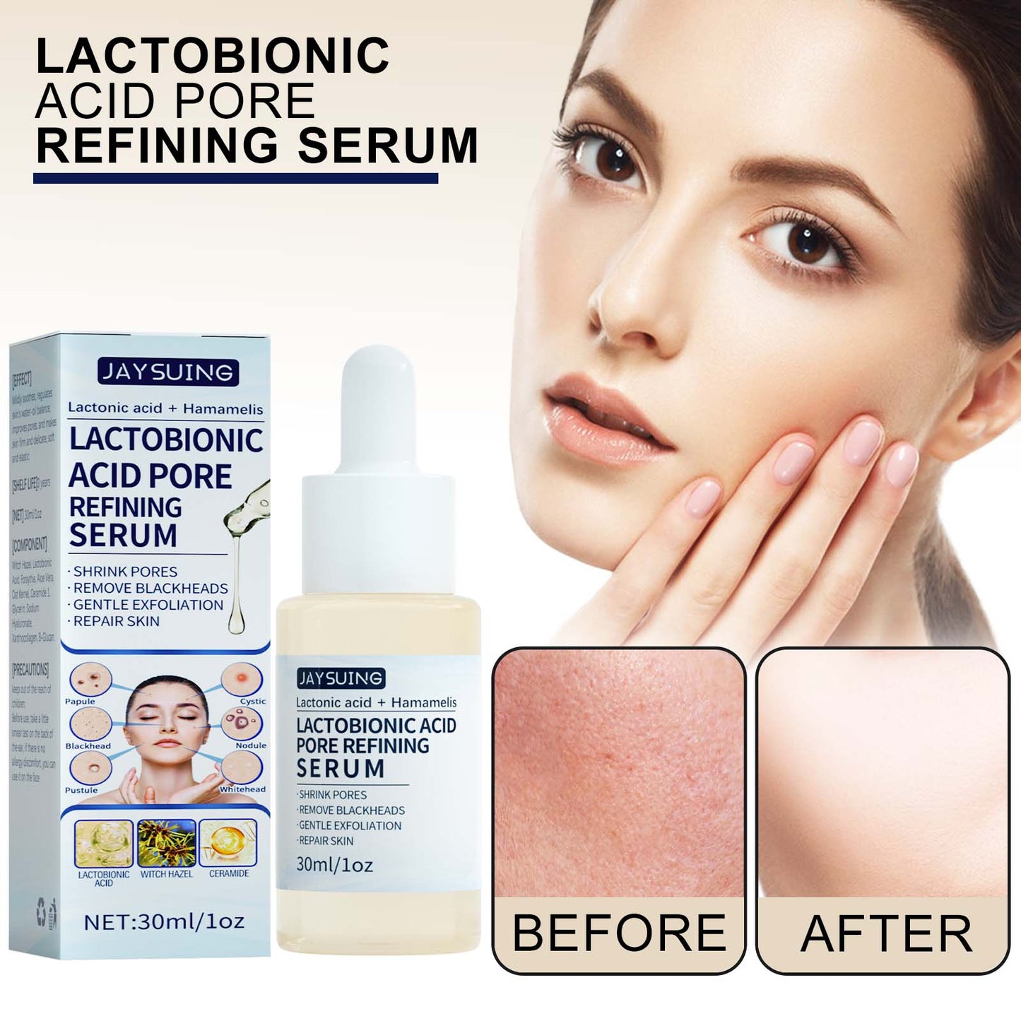 Jaysuing Lactobionic Acid Stock Solution Exfoliating, Blackhead Removing, Pore Shrinking, Cleansing and Moisturizing Skin Essence