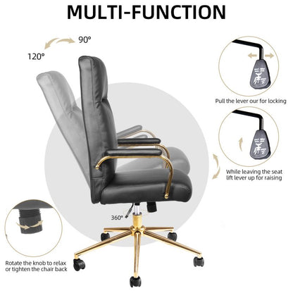 Executive Office Chair for Women and Adults White Leather High Back with Gold Arms and Wheels Excellent Back Support