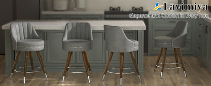 Modern Design Set of 2 24\" Leather Counter Height Bar Stools with Wooden Legs and Swivel Backs for Kitchen