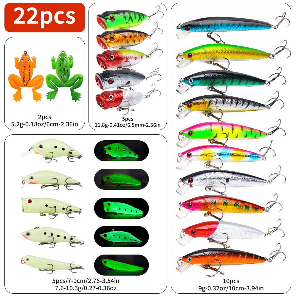 22pcs/set Hard Lure Bait Soft Frog Popper Minnow Pencil VIB Luminous Lure Kit Durable Hooks Realistic Action Ideal