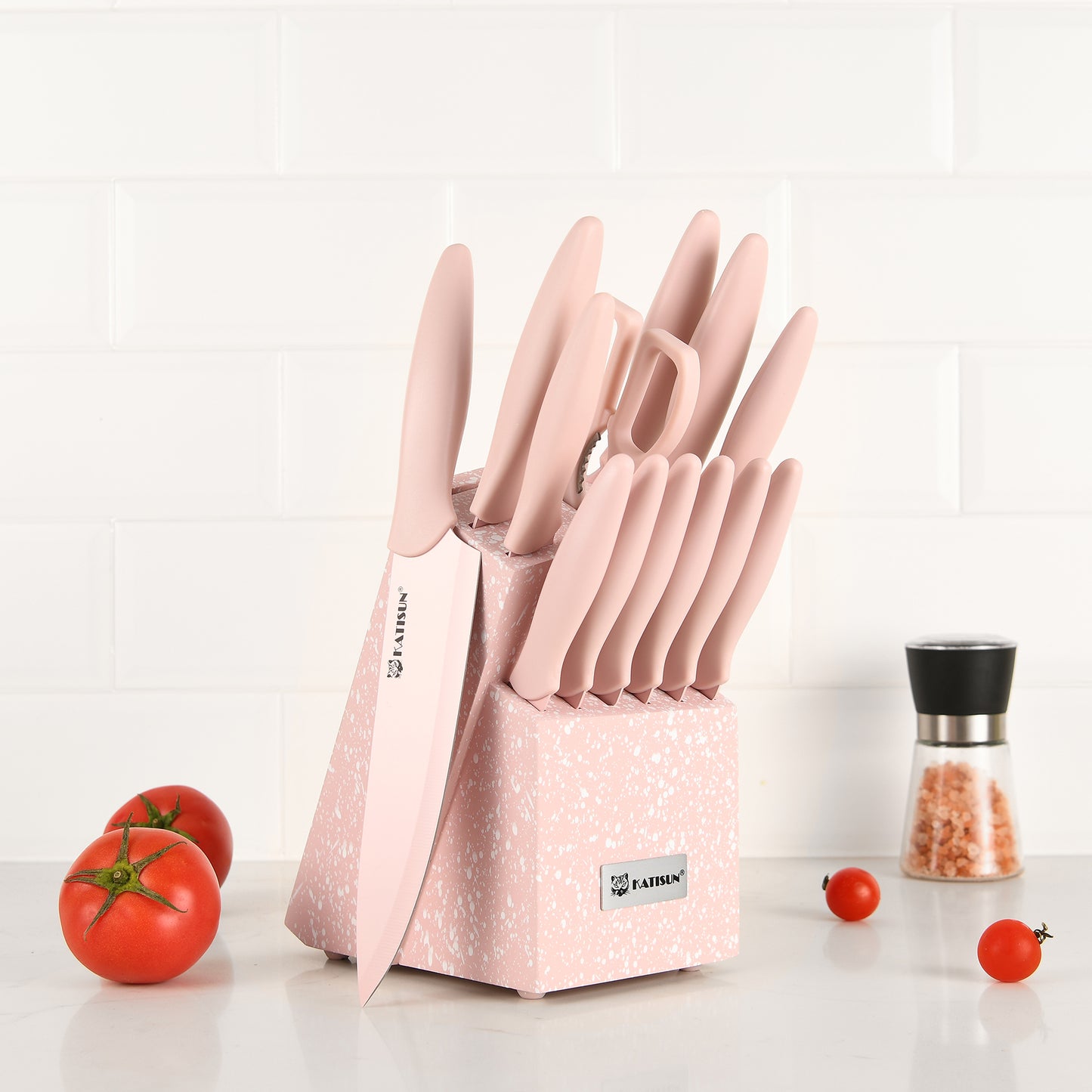 14 Pieces Pink Coding High Carbon Steel Blade, No Rust, and Super Sharp Knife Set with Wooden Stand and Kitchen Scissors