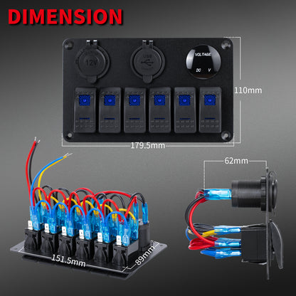 20A 6 Gang Marine Switch Panel Aluminum 5 Pin LED Rocker Switch with 12V Socket and 2-Port USB Charger and Voltmeter