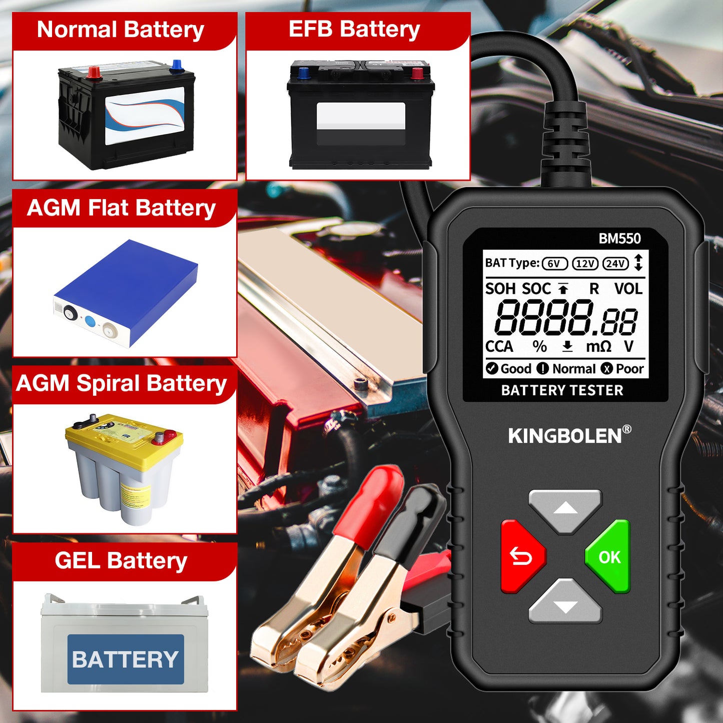 Battery Tester Tools KINGBOLEN BM550 6V 12V 24V Automotive Diagnostic Tools 100-2000 CCA Tester 2Ah-220Ah Battery Analyze