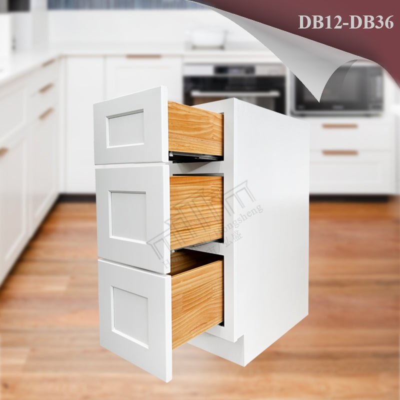 In Stock DB12-DB36 Durable Solid Wood Kitchen Cabinets White Kitchen Base Cabinets With Wooden Drawers RTA 3 Drawer Base Cabinet