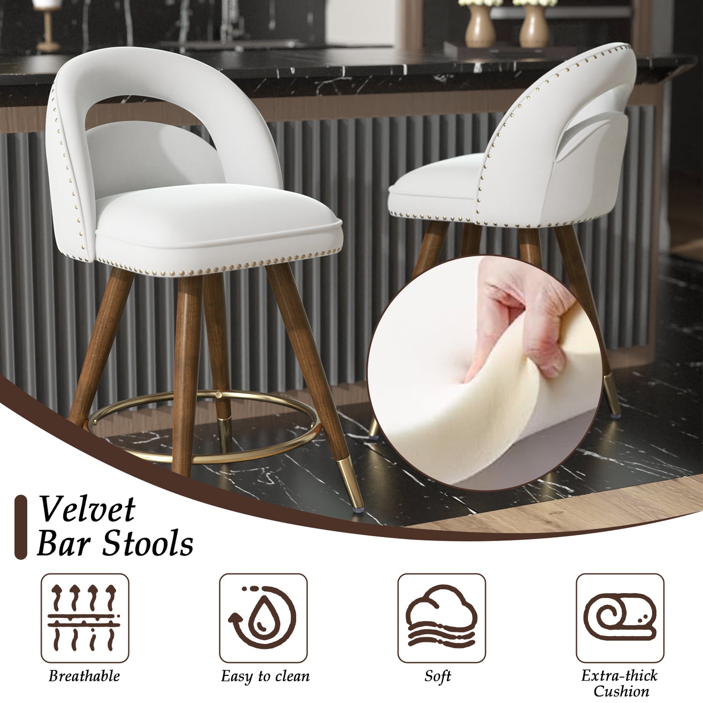 Set of 2 24-Inch Swivel Counter Height Bar Stools with Solid Wood Legs & Velvet Backs for Dining Kitchen Island