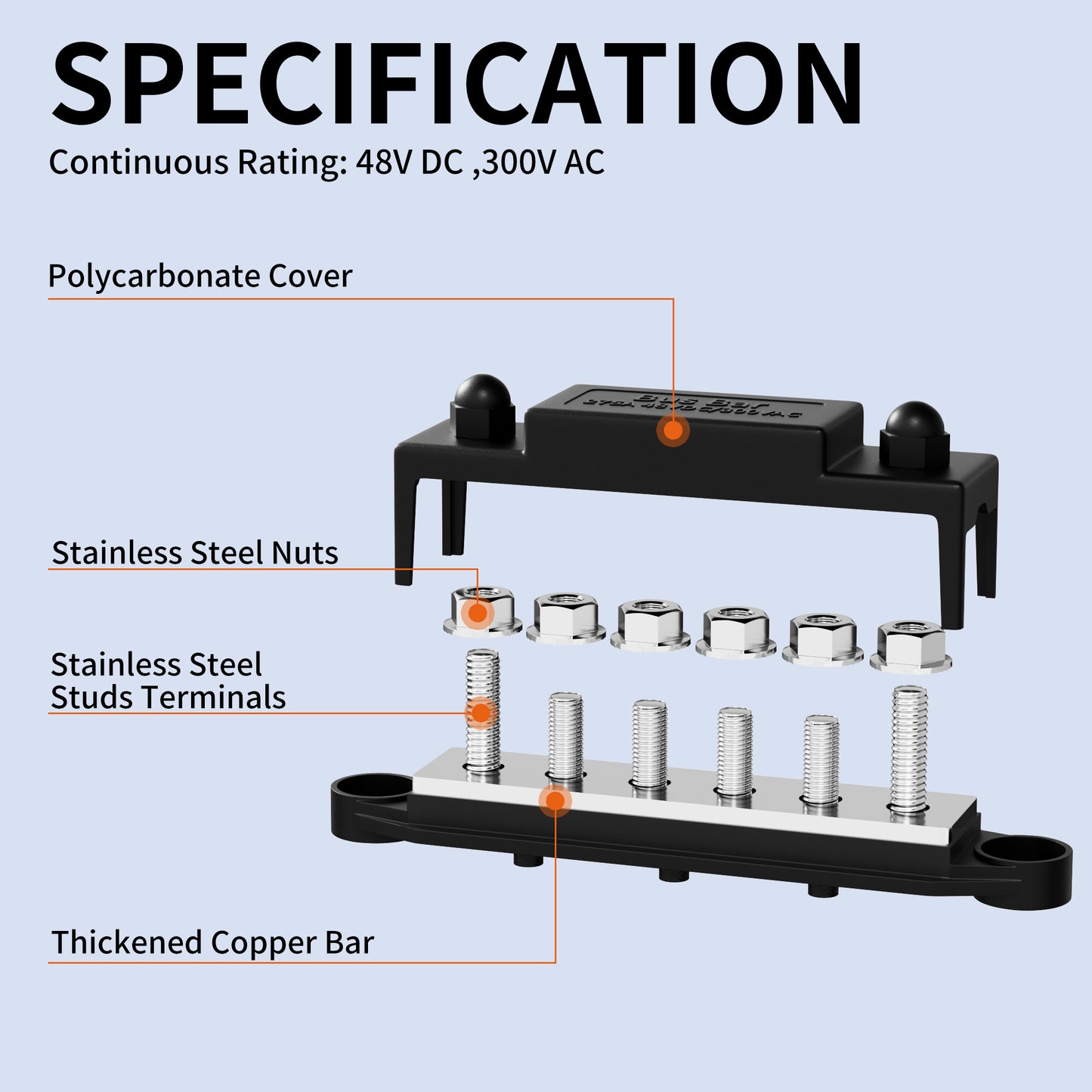 275A 12V-48VDC Positive Negative Pure Copper Busbar 6 Position M8 5/16" Posts Battery Marine Distribution Terminal Block