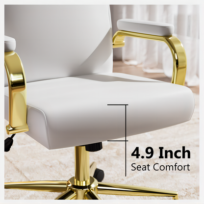 Executive Office Chair for Women and Adults White Leather High Back with Gold Arms and Wheels Excellent Back Support