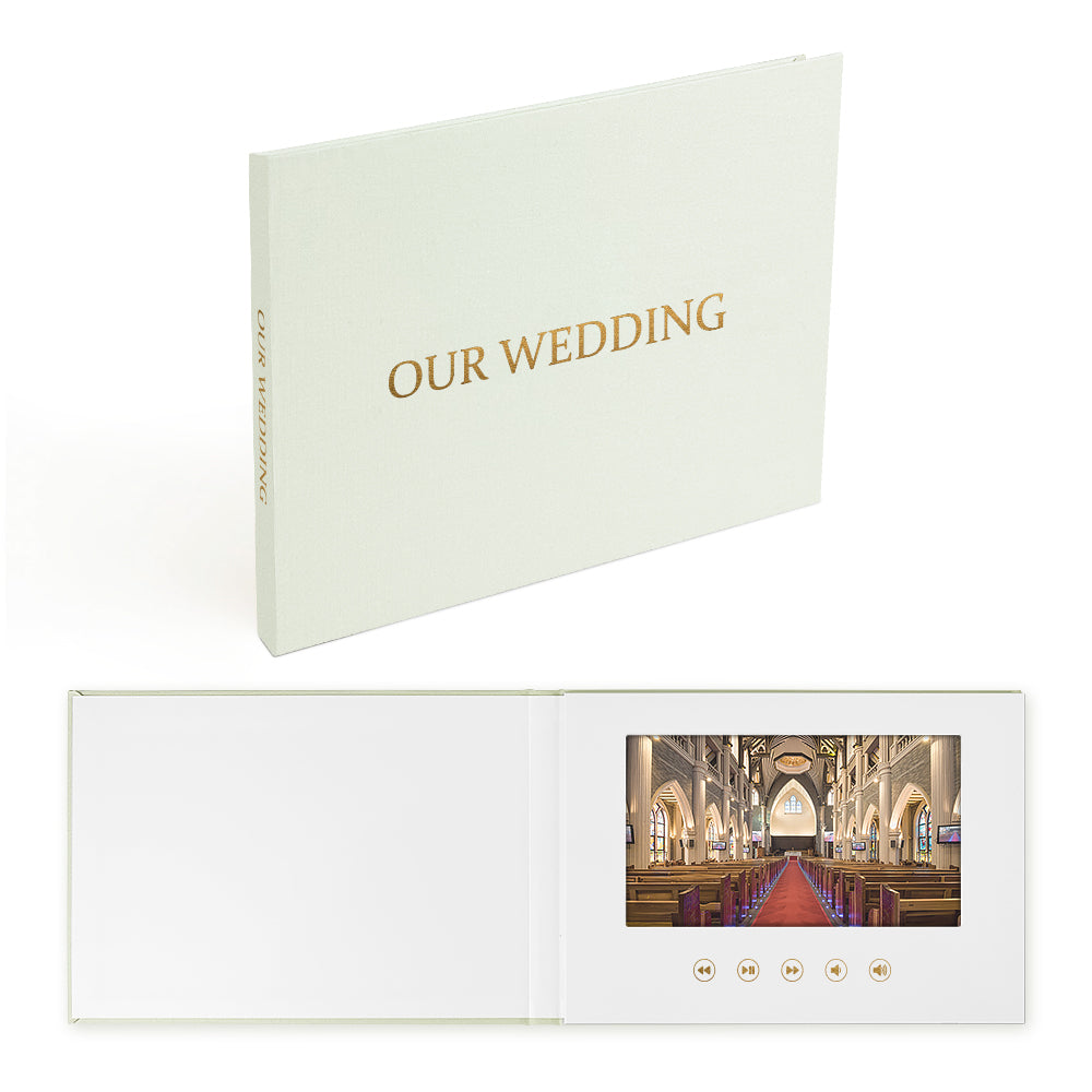 Custom OUR WEDDING GOLD FOIL 7 Inch IPS Video Book Wedding Linen Video Brochure Wedding Video Album