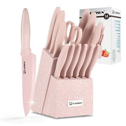 14 Pieces Pink Coding High Carbon Steel Blade, No Rust, and Super Sharp Knife Set with Wooden Stand and Kitchen Scissors