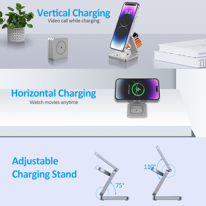 Magnetic 15W Foldable 3-in-1 Wireless Charging Station for Apple Devices iPhone 16/15/14/13/12,for IWatch/Airpods