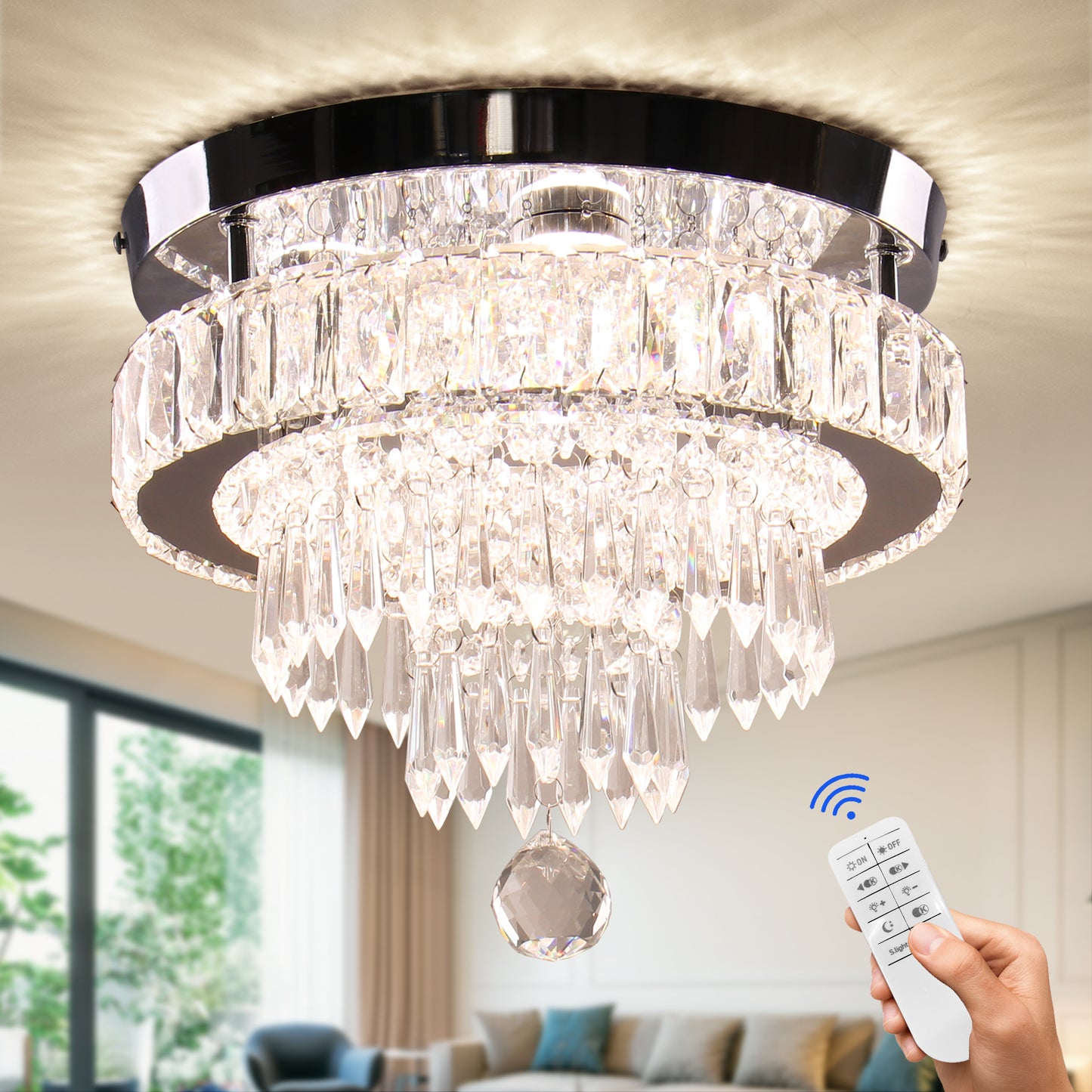 Dimmable Luxury LED Crystal Pendant Light Remote Control Exquisite Feature Living Room Bedroom Hotel Double-Layer Circular Light