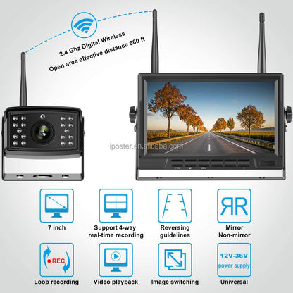 IPoster Digital Wireless Backup Camera Kit  IP69 Waterproof Rear View Camera and 7in Split/Quad Screen with DVR