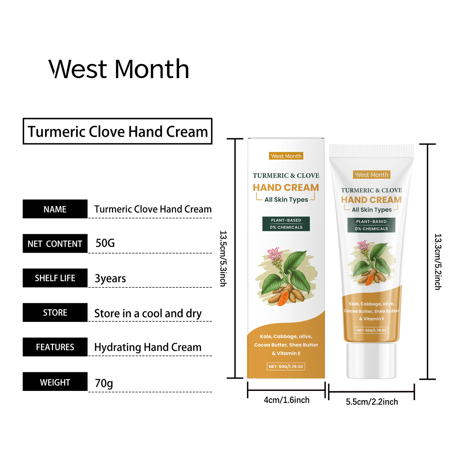 West&Month Turmeric Clove Oil Hand Cream Gentle Moisturizing Hydrating Hand Cream for Dry Hands Winter Hand Care Cream