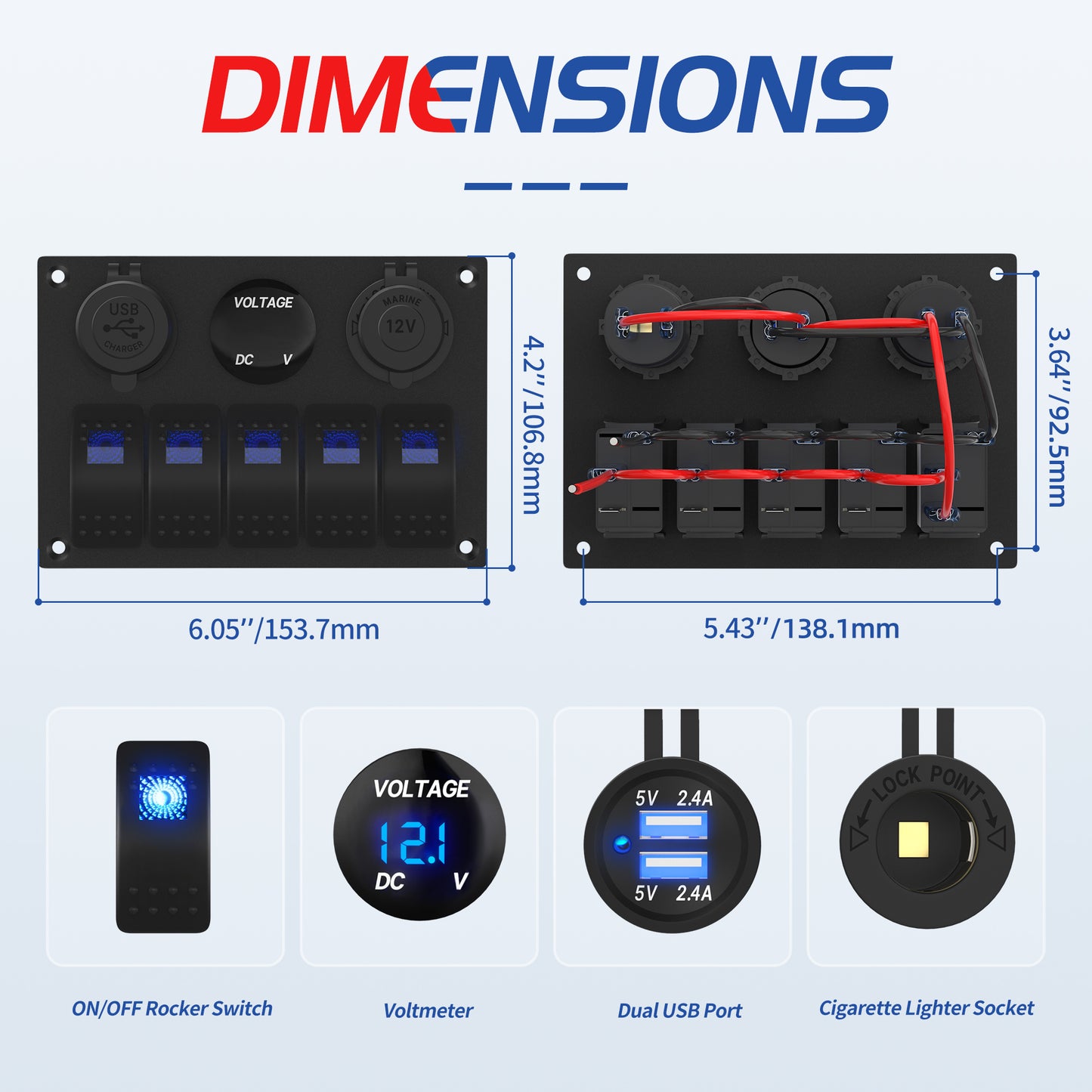 20A Blue Single Light 3 Pin Rocker Switch ON/OFF Pre-wired 5 Gang Marine Switch Panel Aluminum Metal Switch Panel