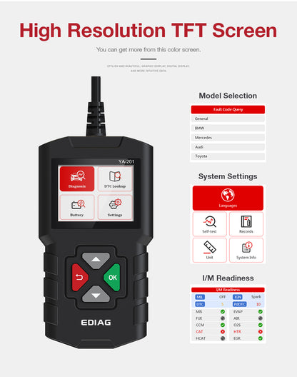 KINGBOLEN YA201 Car Code Reader OBDII/EOBD Auto Diagnostic Tool Data Stream Save Playback OBD2 Scanner Clear Code PK CR3001