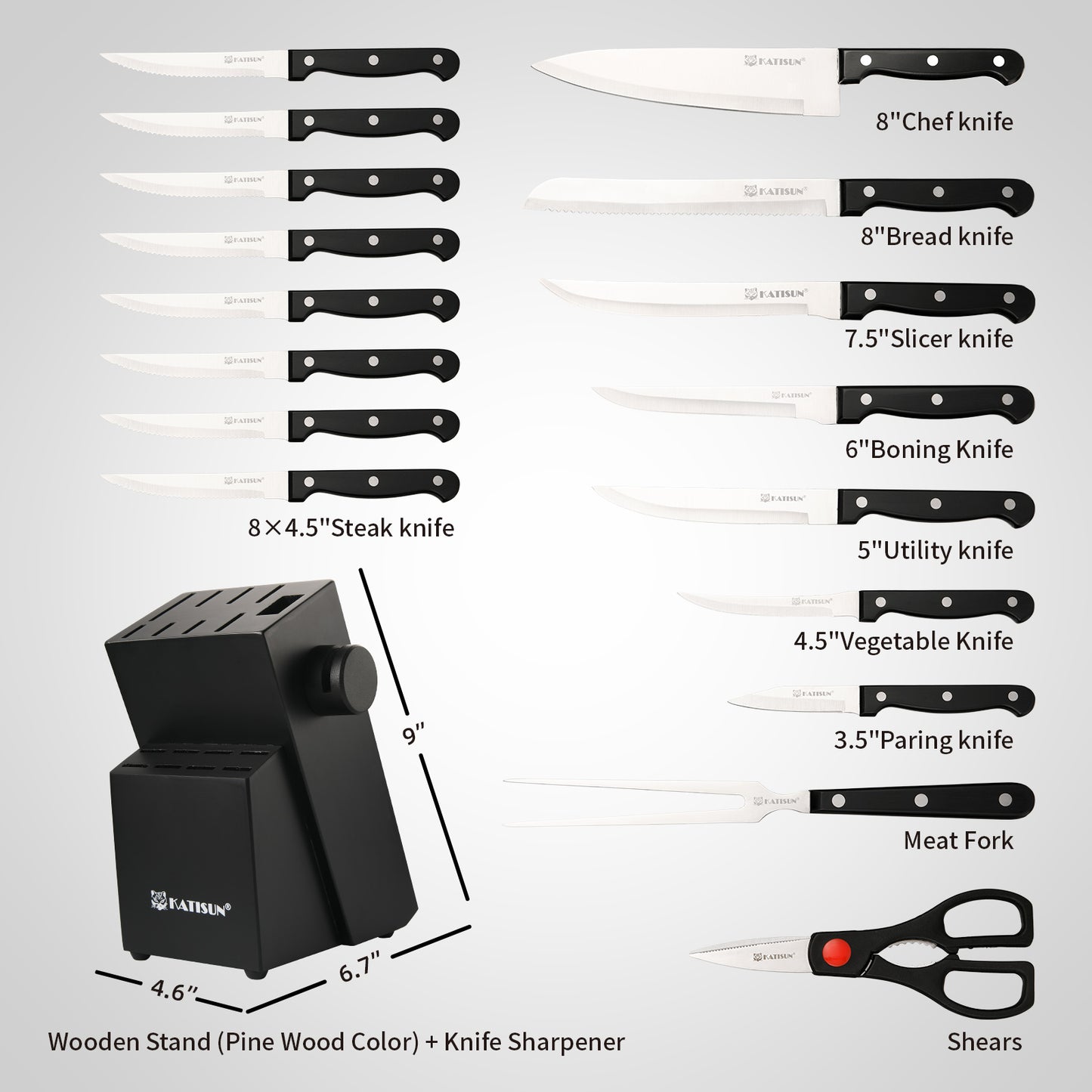 19 Pieces Kitchen Knives and Accessories Stainless Steel Kitchen Knives Set with Wooden Knife Block