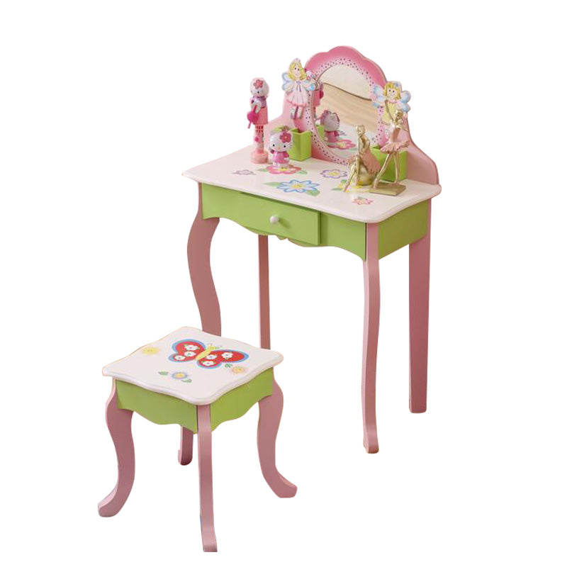 Princess Vanity Make up Table Wooden Dressing Table with Mirror and Stool for Kids