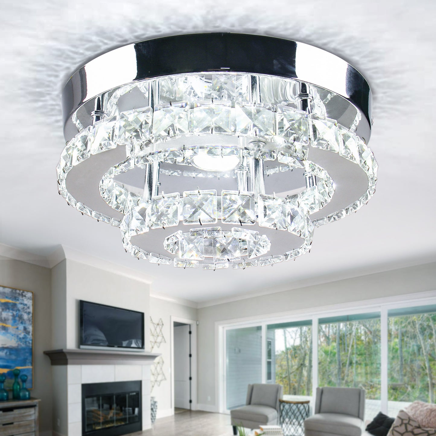 Exquisite White Modern LED Ceiling Light Double-Layer Crystal for Living Room Kitchen Bedroom-Pendant Chandelier