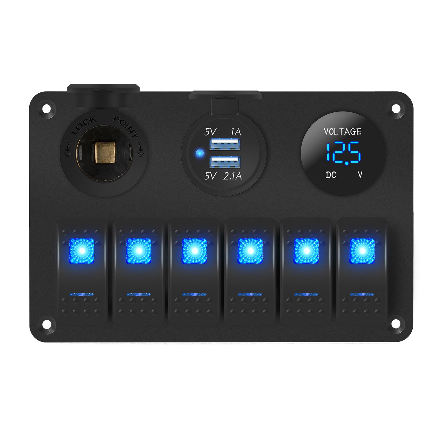 20A 6 Gang Marine Switch Panel Aluminum 5 Pin LED Rocker Switch with 12V Socket and 2-Port USB Charger and Voltmeter