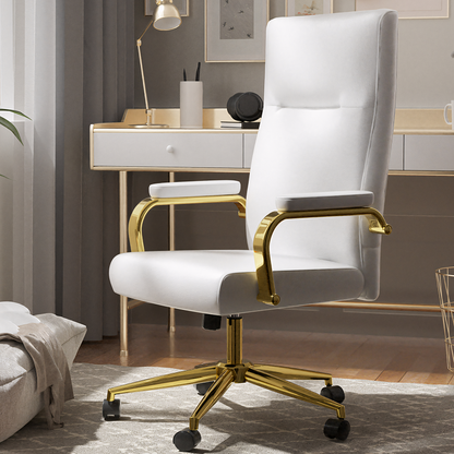 Executive Office Chair for Women and Adults White Leather High Back with Gold Arms and Wheels Excellent Back Support