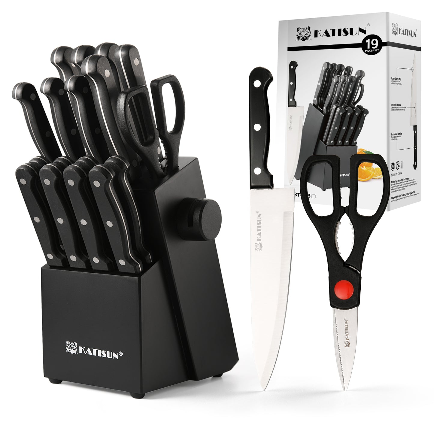 19 Pieces Kitchen Knives and Accessories Stainless Steel Kitchen Knives Set with Wooden Knife Block