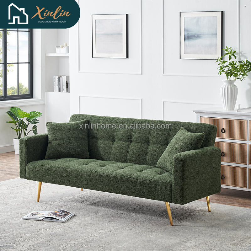 Green Teddy Velvet Futon Sofa Bed 71.7 Inch Free Shipping for Living Room & Bedroom with Two Throw Pillows Included