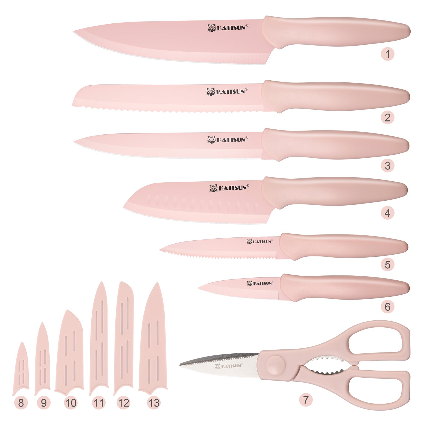 13 Piece Pink Coding Stainless Steel Knives Set, Anti-Rust and Dishwasher Safe, 6 Knives, 6 Sheaths, and One Shear