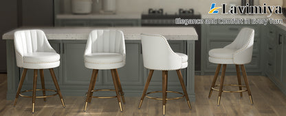 Modern Design Set of 2 24\" Leather Counter Height Bar Stools with Wooden Legs and Swivel Backs for Kitchen