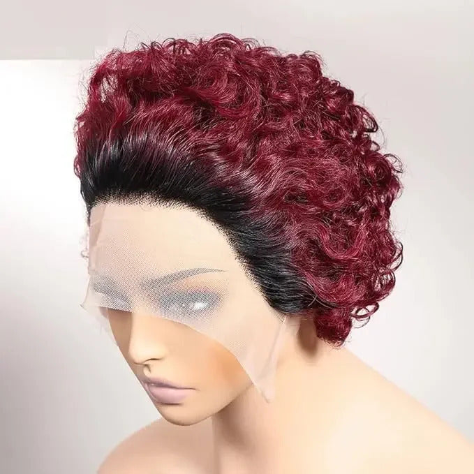 Burgundy Pixie Cut Curly Kinky 6 Inches Stretched Length 13X1 Lace Glueless Short Long Raw Human Hair Frontal Wig Wholesale