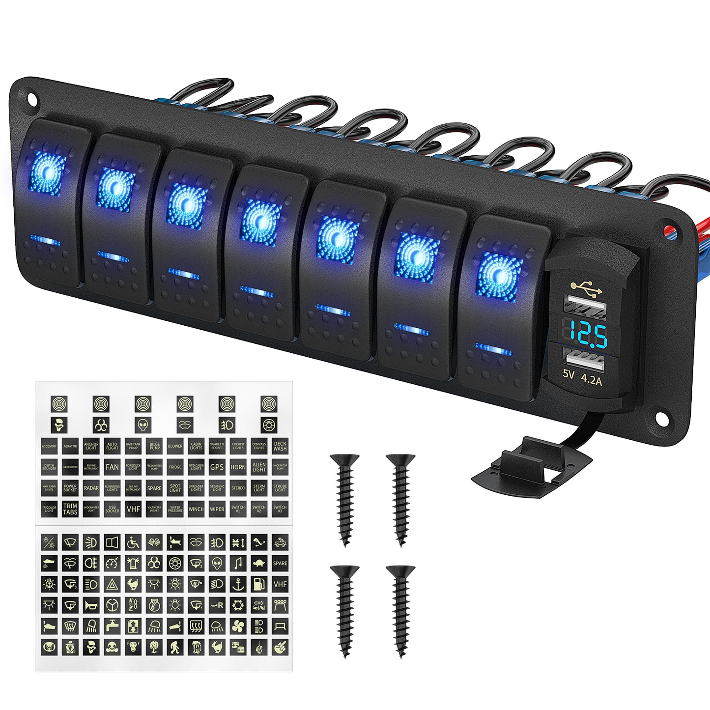 12V Blue LED ON-OFF Rocker Switches 7 Gang Marine SPST Rocker Switch Panel Waterproof Marine Boat with 4.2A USB and DIY Sticker