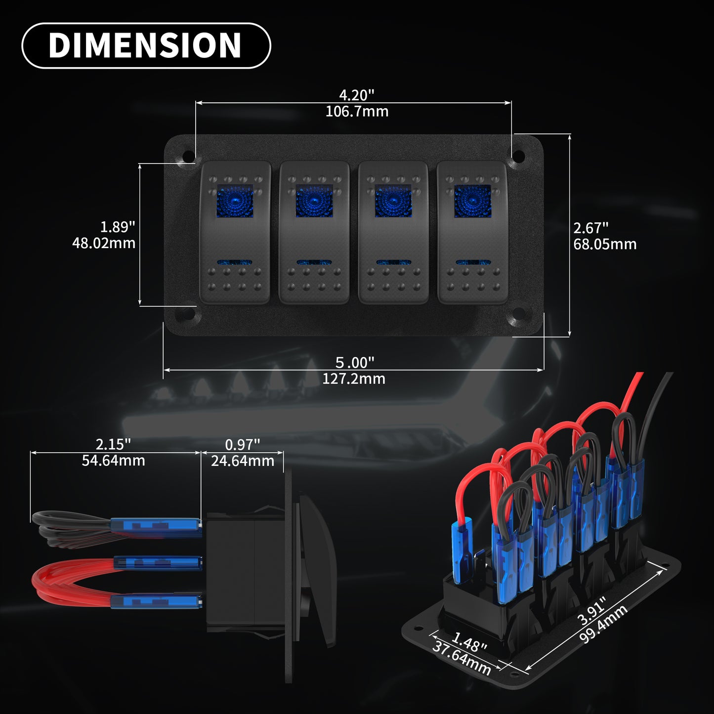 Pre-wired 12VDC 4 Gang Aluminum Marine Boat  on OFF SPST Dual Blue Car Light Waterproof Toggle Switch Panel with Stickers