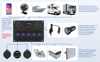 IP65 5 Gang Panel Switch Marine Electrical SPST Single Blue LED Rocker Switch Panel With  DC Socket Voltmeter 4.8A USB Charger