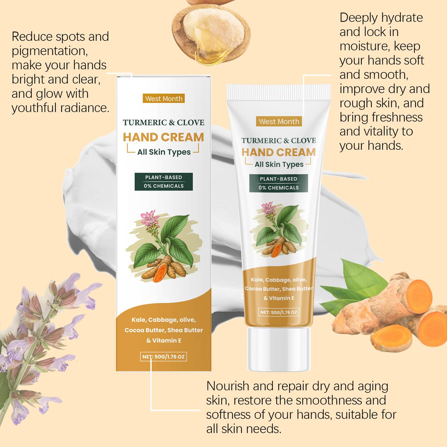 West&Month Turmeric Clove Oil Hand Cream Gentle Moisturizing Hydrating Hand Cream for Dry Hands Winter Hand Care Cream