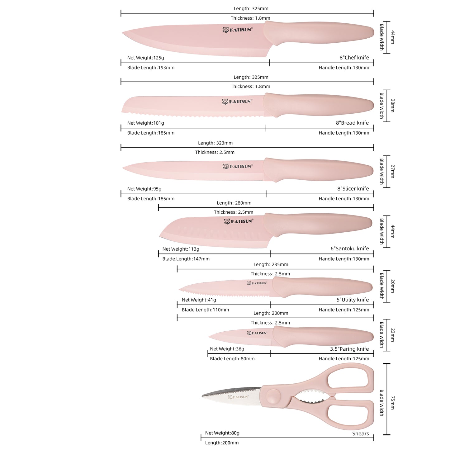 13 Piece Pink Coding Stainless Steel Knives Set, Anti-Rust and Dishwasher Safe, 6 Knives, 6 Sheaths, and One Shear