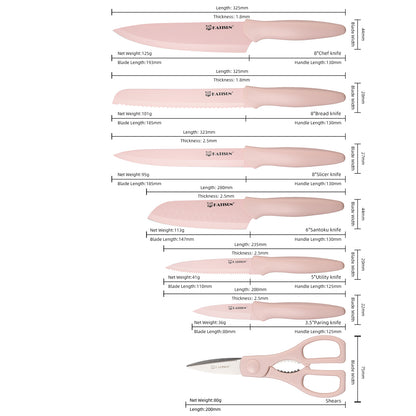 13 Piece Pink Coding Stainless Steel Knives Set, Anti-Rust and Dishwasher Safe, 6 Knives, 6 Sheaths, and One Shear