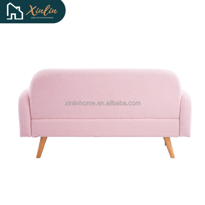 Modern 59.1\" Teddy Pink Velvet Two-Seater Sofa Free Shipping for Living Room Outdoor with Three Lumbar Pillows Fabric Material