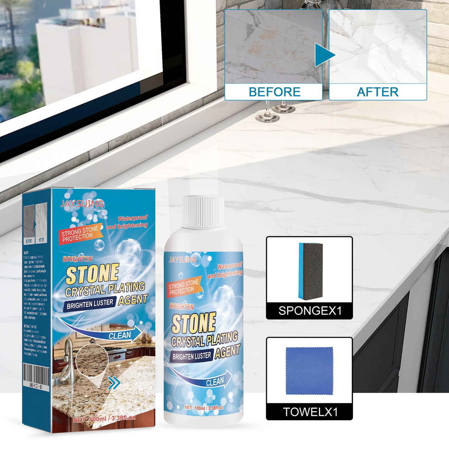 Jaysuing Stone Crystal Plating Agent Kitchen Quartz Tile Countertop Scratch Repair Cleaning Stain Brightening Agent