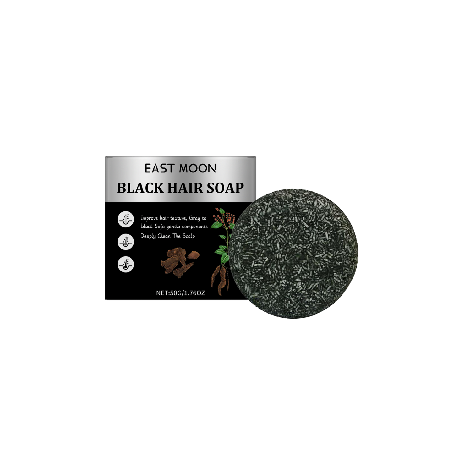 East Moon  Men's Bamboo Charcoal Hair Soap Solid Hair Care Cleansing Scalp Smooth Black Hair Repair Nourishing Hair Roots